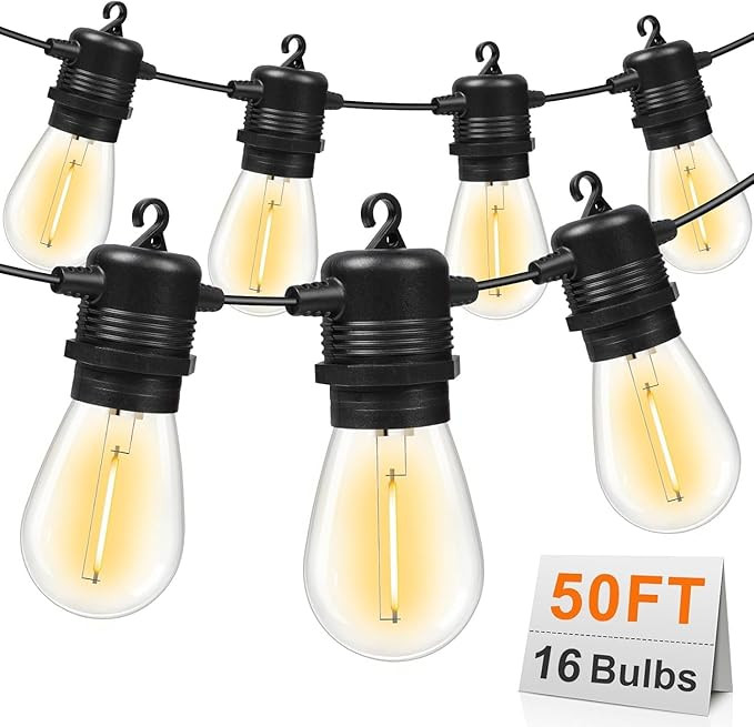 50FT LED Outdoor String Lights with 16 Shatterproof Waterproof S14 Replaceable Bulbs(1 Spare), 27... | Amazon (US)