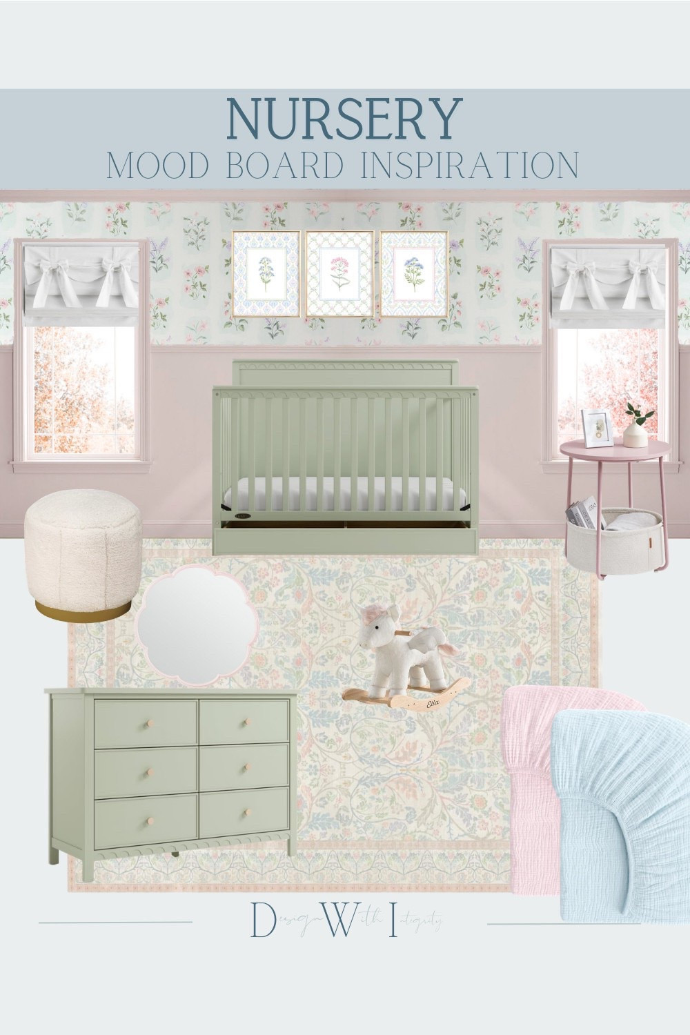 Soft sage green, blush pink, and delicate floral details come together to create a nursery that feels both timeless and playful. I love how the muted green crib grounds the space while the pastel accents and floral wallpaper keep the design feeling light, layered, and whimsical. The vintage inspired rug, scalloped mirror, and soft boucle textures add warmth and personality without overwhelming the palette. Every piece was selected to create a calming nursery that can grow beautifully with your little one. Tap through to shop the furniture, decor, and nursery styling details featured in this mood board.

#nurseryinspiration
#sagegreennursery
#babyroomdecor
#floralnursery
#nurserymoodboard

sage green nursery
blush pink nursery
nursery mood board
vintage nursery decor
floral nursery inspiration
green crib nursery
baby girl nursery
nursery styling

#LTKHome