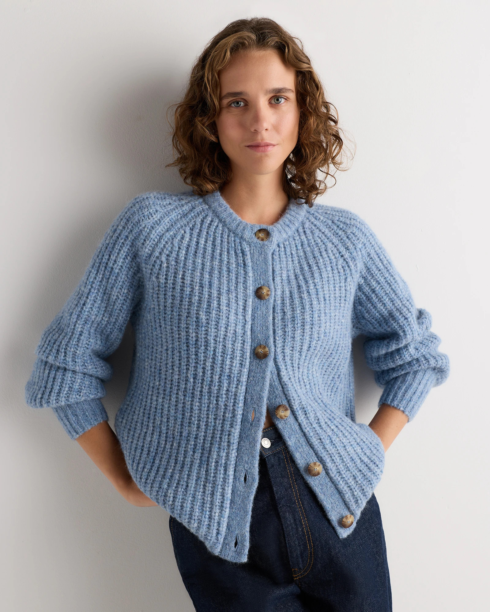 Quince | Women's Lofty Baby Alpaca Chunky Crew Cardigan Sweater in Ecru Mist Ivory, Size Medium | Quince