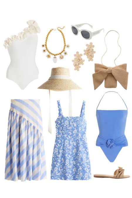 New summer finds, rosette one piece swimsuit designer Swim blue and white outfits blue swimwear straw sun hat bow bag white sunglasses Prada H&M Abercrombie 

#LTKSwim #LTKSaleAlert #LTKFindsUnder50