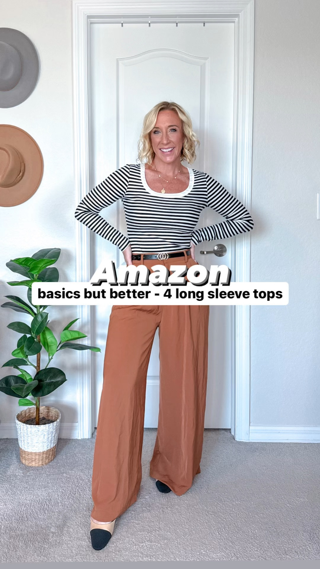 4 “basics but better” long sleeve tops from Amazon:
1. Striped tee - size small.
* trousers - size small.
* jeans - size.e 25.
2. V-neck sweater - size small. 
* yoga trousers - size small, 29” inseam. 
3. White long sleeve - size small.
* cargo trousers - size 4.
* skirt - size small.
* jumpsuit - size small.
4. Off the shoulder top - size small.
* flare jeans - size 2.  

#LTKFindsUnder50 #LTKSeasonal #LTKVideo