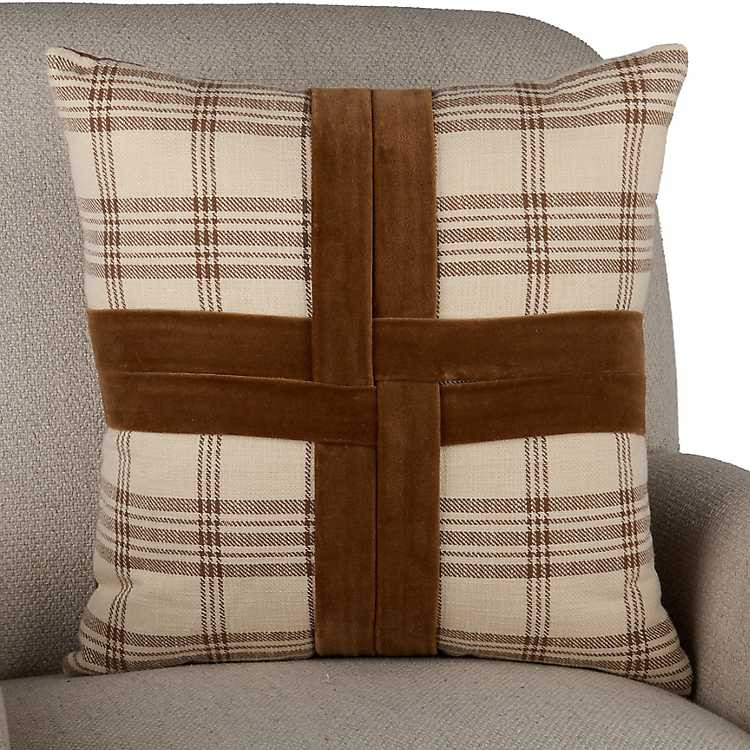 New! Brown Plaid Velvet Cross Pillow | Kirklands