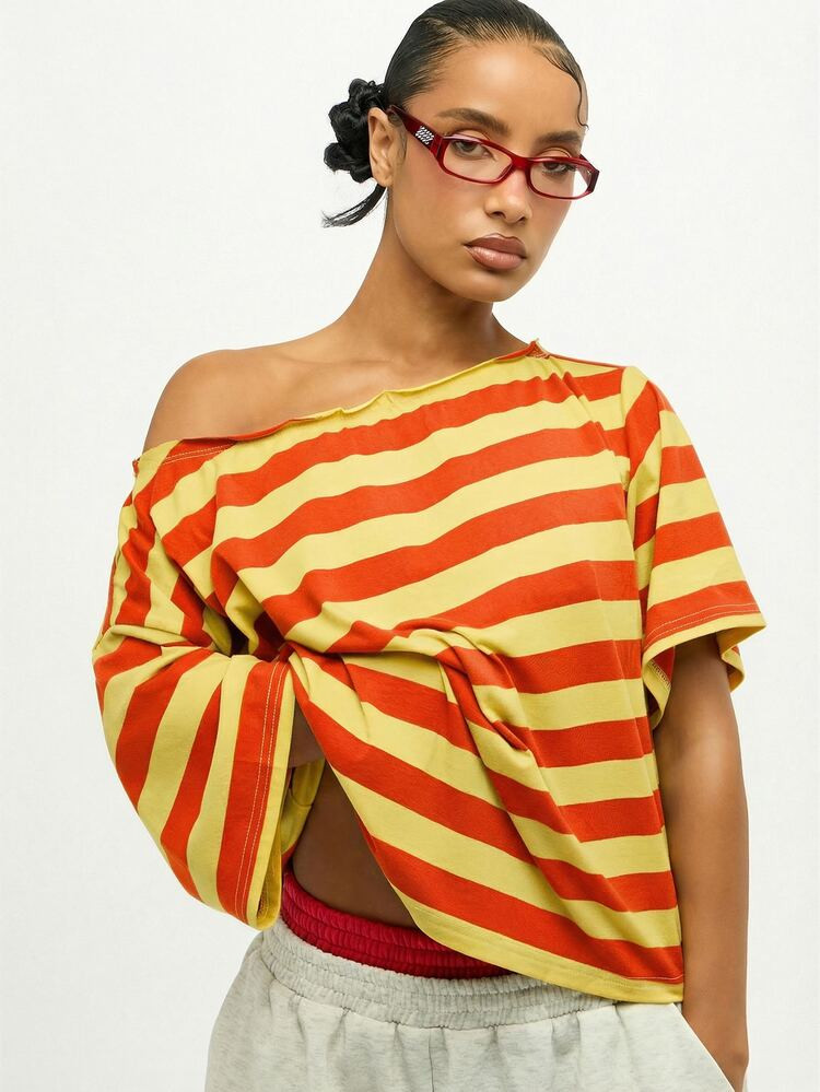 SUMWON WOMEN Plus Size Off Shoulder Striped Top Tie Detail Short Sleeves For Casual Summer Fashion | SHEIN