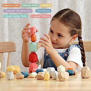 BESTAMTOY 36 PCs Wooden Sorting Stacking Rocks Balancing Stones ,Educational Preschool Learning M... | Amazon (US)