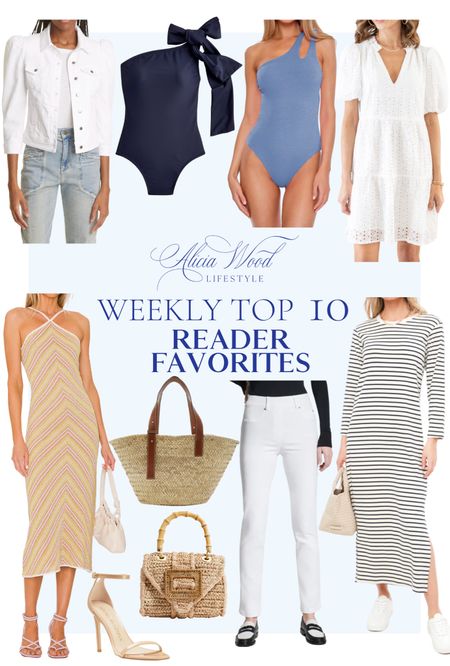 Top 10 Weekly Reader Favorites

Poolside beach tote
Mini handwoven bag 
White jeans
Black and white striped long sleeve maxi dress
Tan Stuart Weitzman ankle strap sandals
Pink and yellow striped maxi dress
Blue asymmetrical cut out one piece swimsuit
White short sleeve dress
White denim jacket 
Dark blue one shoulder one piece swimsuit with bow detail 

#LTKSeasonal #LTKstyletip #LTKswim