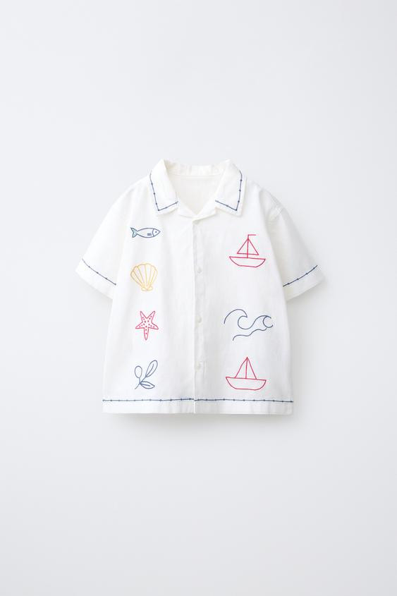 COTTON AND LINEN CONTRAST EMBROIDERY SHIRT | Zara US