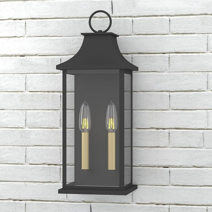 Dusk to Dawn Outdoor Wall Lantern 2-Light, 21" Large Outside Wall Sconce, Modern Black Wall Light... | Amazon (US)