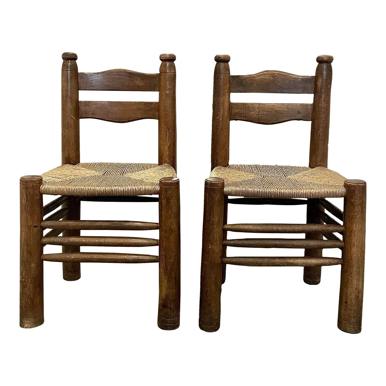 Mid-Century Brutalist Solid Wood and Rush Chairs by Charles Dudouyt - a Pair | Chairish