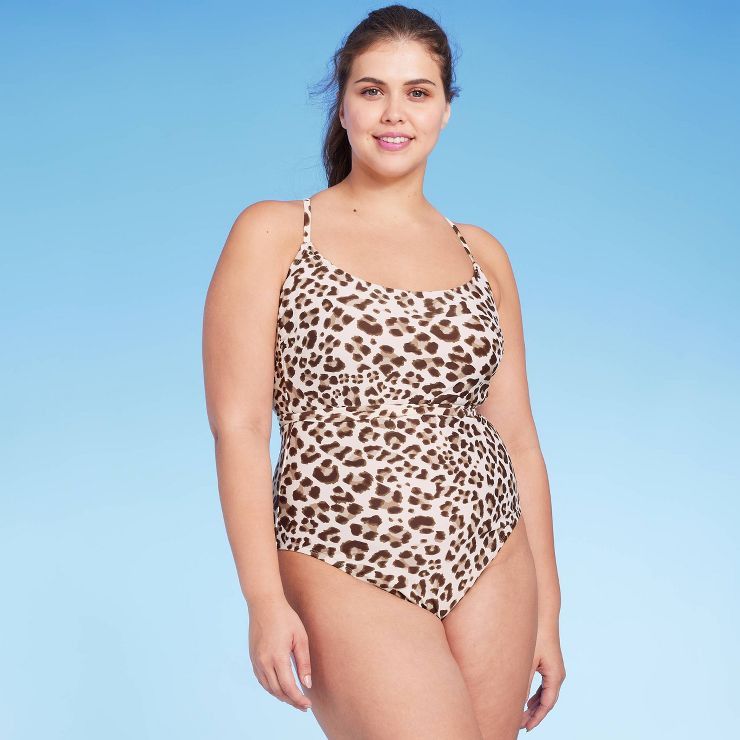 Women's Leopard Print Wrap Belt Medium Coverage One Piece Swimsuit - Kona Sol™ Beige | Target