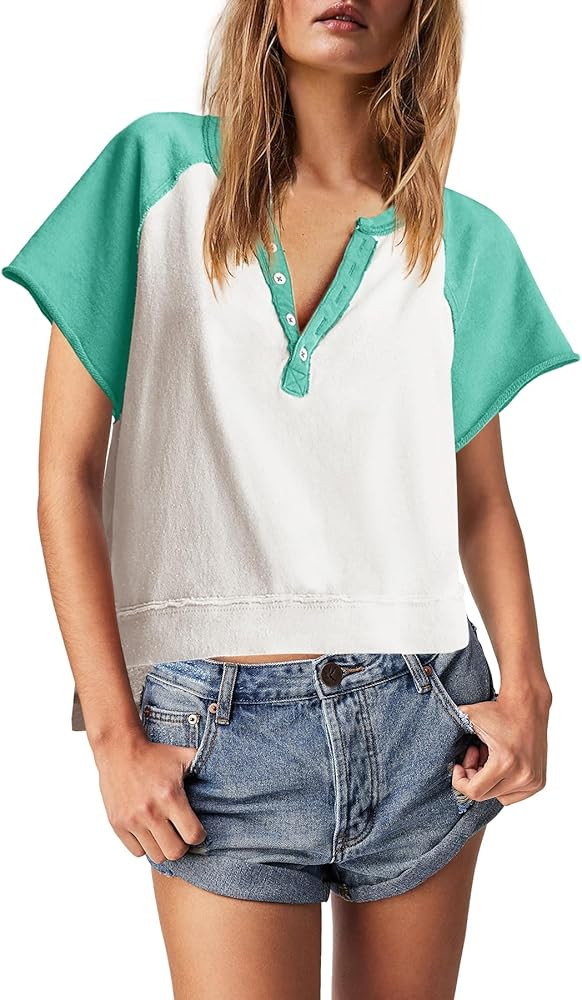 Panadila Womens Color Block Short Sleeve Tops Oversized Tshirts Summer Raglan Shirt Casual Crop C... | Amazon (US)