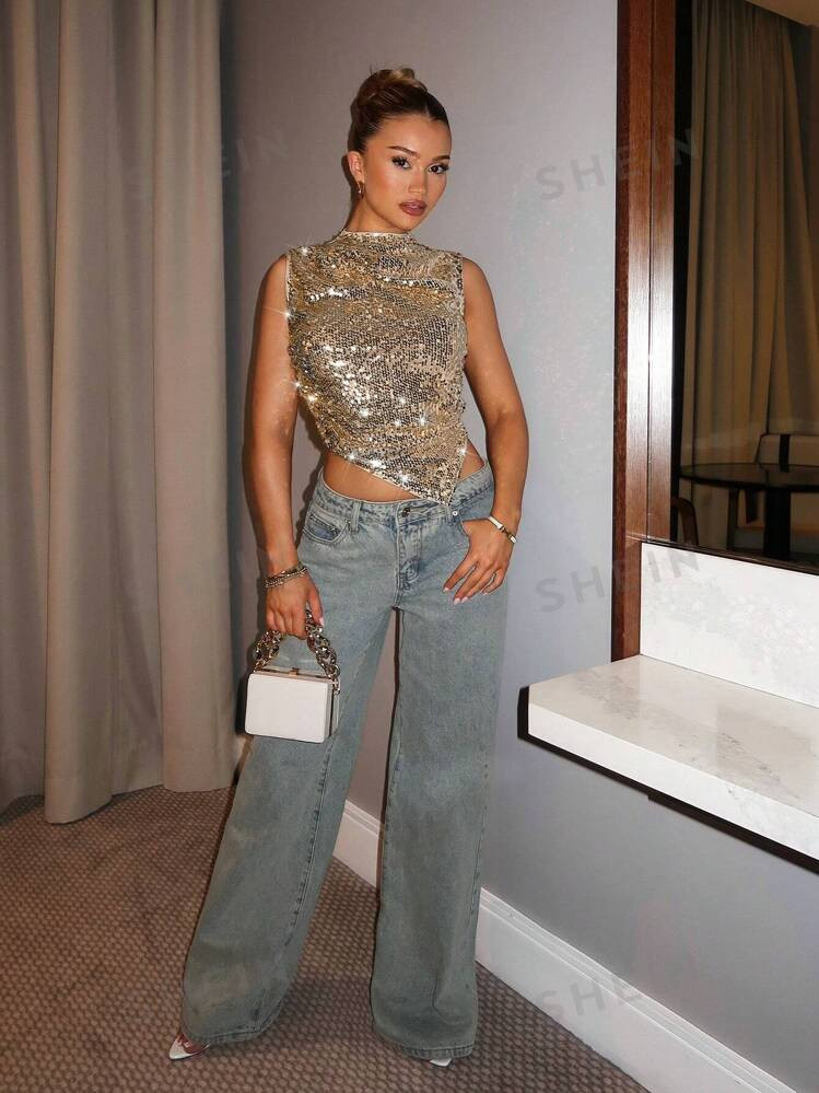 SHEIN BAE Women's Fashion Gold  Sequin Stand Collar Asymmetric Hem Tank TopGoing Out Tops,Christm... | SHEIN