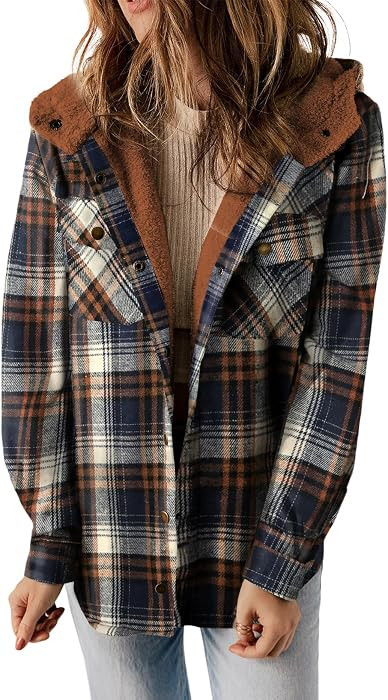 Dokotoo Womens Plaid Shacket Jacket Warm Fleece Hooded Jackets Winter Coats | Amazon (US)
