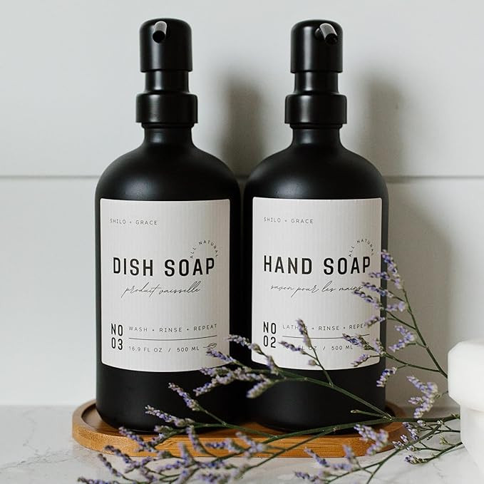 Black Glass Soap Dispenser Set with Non-Slip Bamboo Tray | Black Metal Steel Pumps | 12 Matte Wat... | Amazon (US)