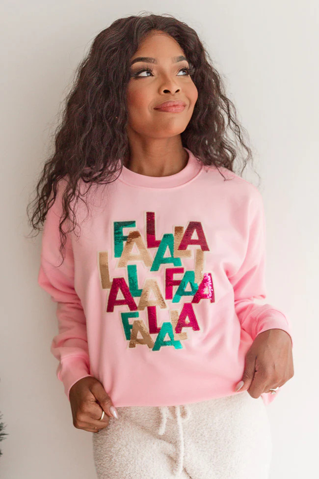 Falalala Sequins Patch Light Pink Oversized Graphic Sweatshirt | Pink Lily