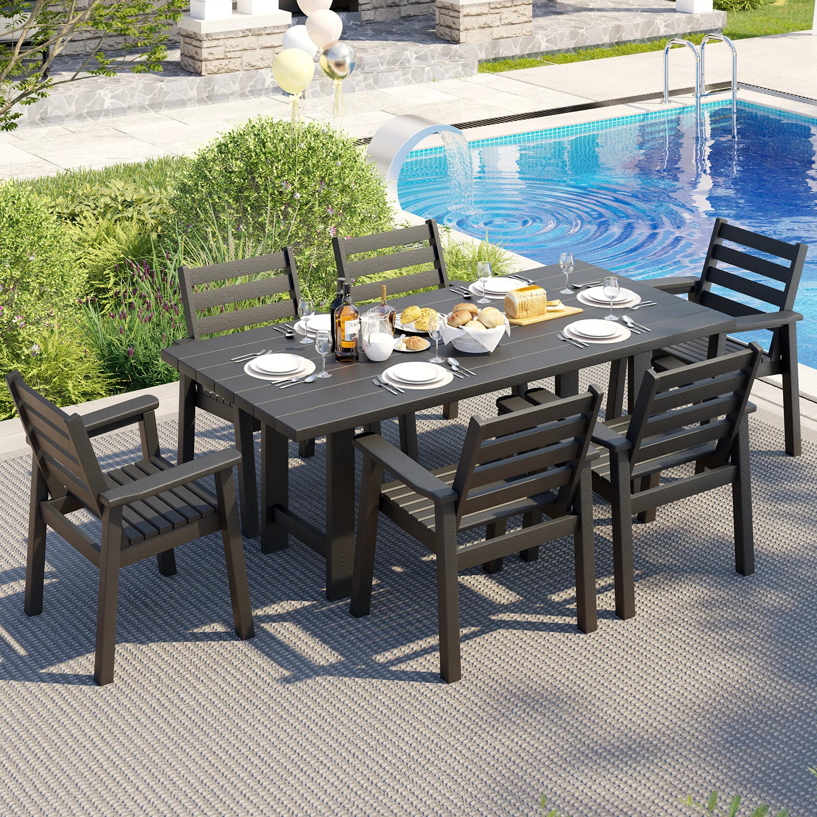 Immie 6- Piece HDPE Outdoor Dining Table Set With Chairs & Umbrella Hole, Black | Wayfair North America