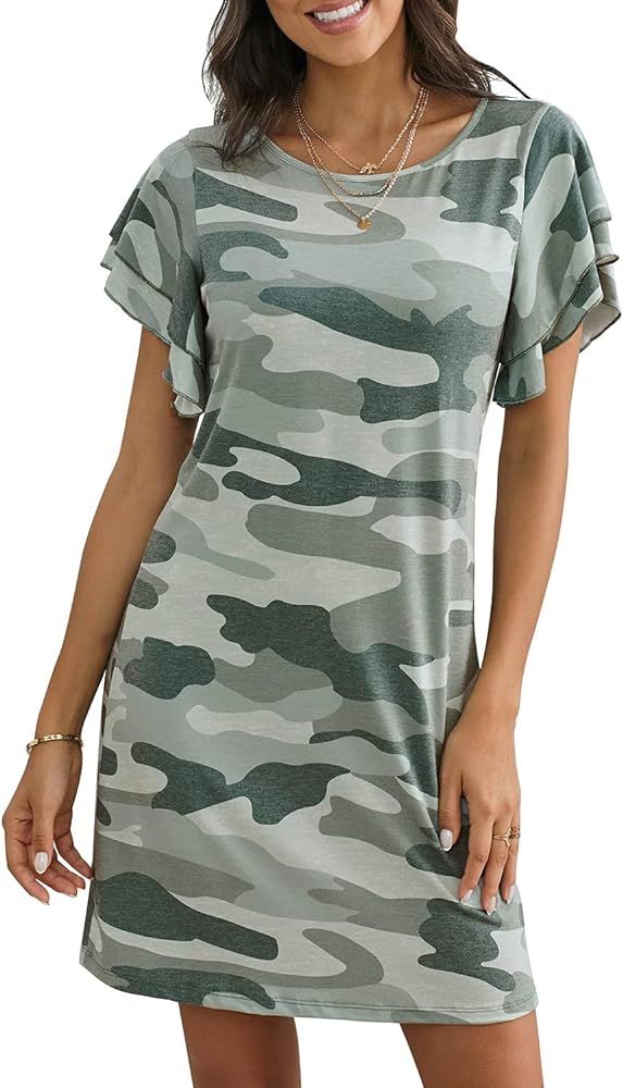 GOSOPIN Women Camo Ruffled Short Sleeve T Shirt Casual Mini Sundress | Amazon (US)