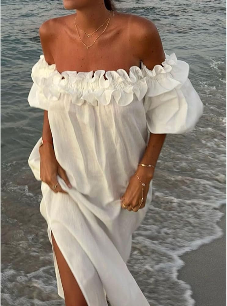 Women's Off The Shoulder Linen Maxi Dress Ruffle Puff Sleeve Wedding Guest Summer Dress Pleated S... | Amazon (US)