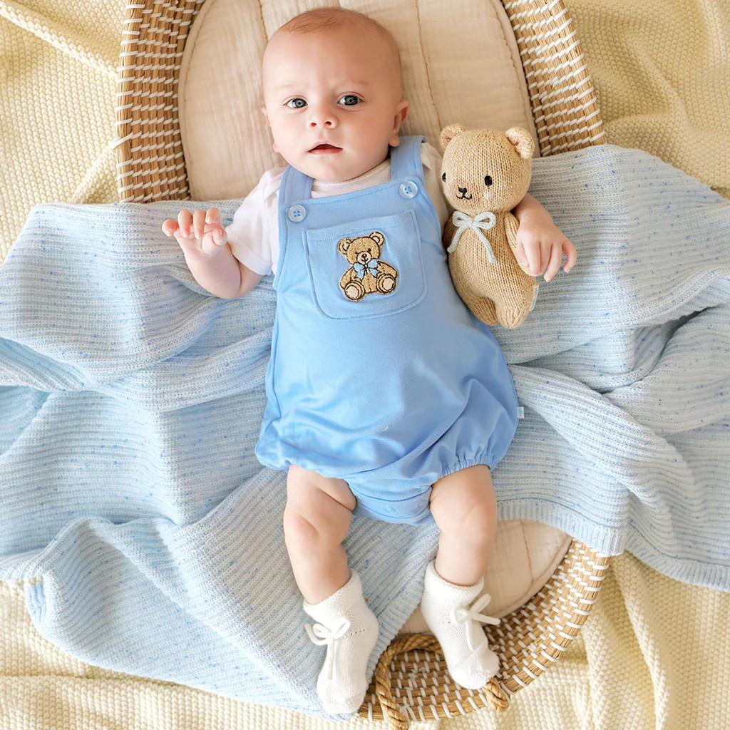 Teddy Blue Daywear Baby Bear Blue French Terry Overall Bubble Romper | Posh Peanut\u00ae | Posh Peanut