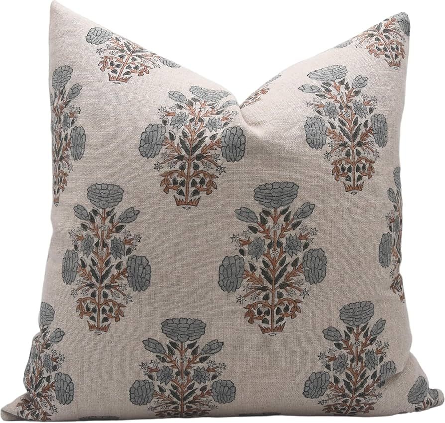 Block Print Thick Linen 20x20 Throw Pillow Covers, Handmade Pillow Covers for Sofa and Couch, Flo... | Amazon (US)