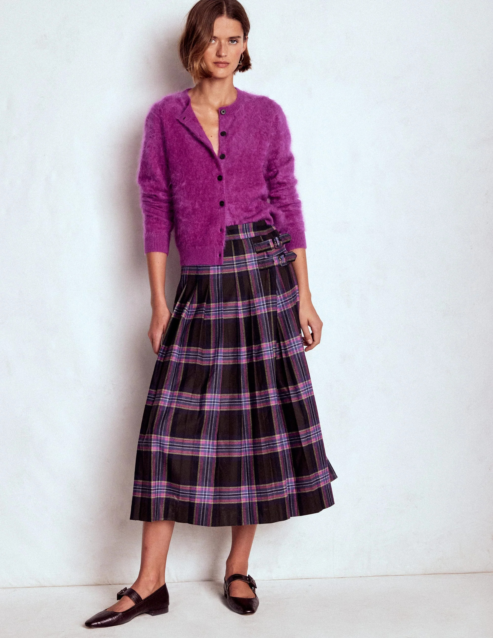 Josephine Wool Kilt Skirt-Brown, Teal & Pink Check | Boden UK