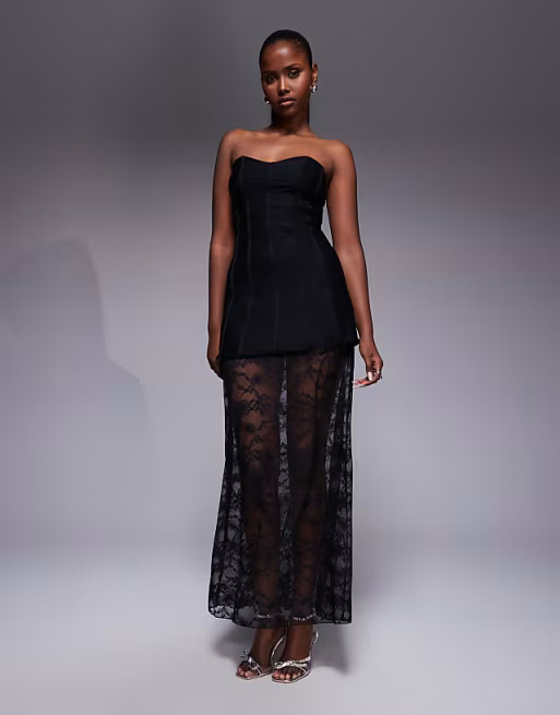 Kaiia Exclusive structured bandeau contrast skirt sheer hem maxi dress in black lace | ASOS (Global)