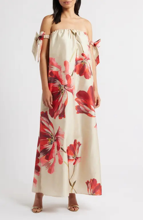 Hutch Bow Off the Shoulder Maxi Dress in Taupe/Red at Nordstrom, Size Small | Nordstrom