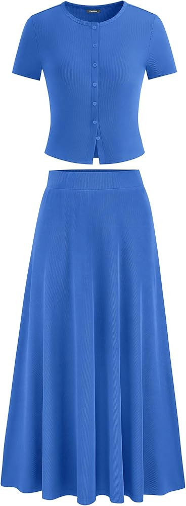 PRETTYGARDEN Women's 2 Piece Skirt Sets Summer Short Sleeve Button Up Knit Crop Top Flowy Maxi Sk... | Amazon (US)