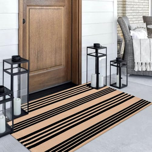 Black and Tan Striped Outdoor Rug, 3’x5’ Cotton Modern Front Porch Door Mat Hand-Woven Reversible Patio Rug Washable Layered Doorway Carpet for Farmhouse/Kitchen/Living Room | Amazon (US)