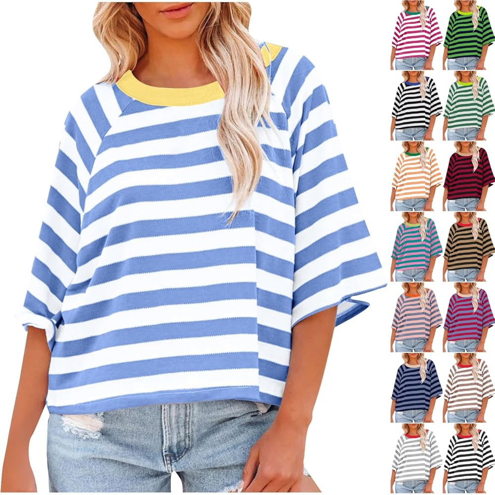 Womens Summer Tops Striped Color Block Short Sleeve Crewneck Shirt Y2k Tops 2024 Oversized Tshirt... | Amazon (US)