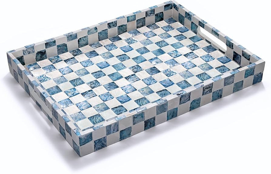 15.8" x 11.8" Decorative Rectangular Tray with Natural Capiz Shells, Checkered Tray with Handles,... | Amazon (US)
