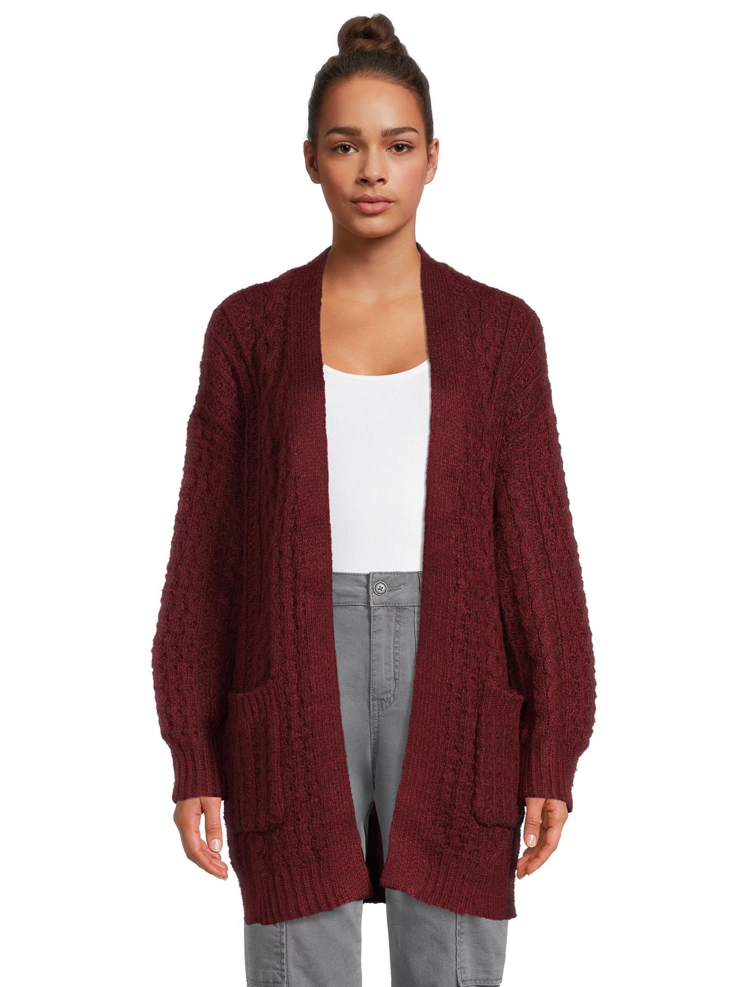 Time and Tru Women's Open Front Cable Knit Cardigan, Heavyweight - Walmart.com | Walmart (US)