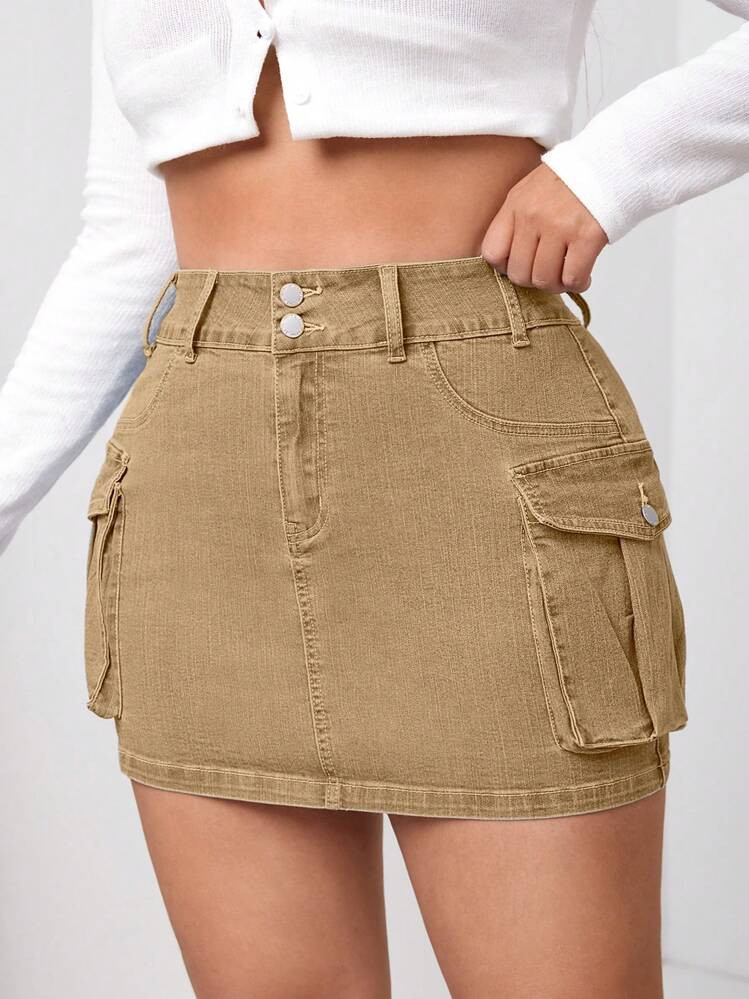 SHEIN ICON Plus Size Women's Denim Mini Skirt With Pockets And Utility Styling | SHEIN