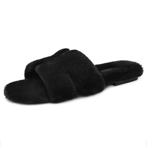 DOBOLIN Women's Slippers Fuzzy House Slippers Indoor and Outdoor House Shoes Comfy Faux Fur Open Toe Slippers Black Size 9.5 | Amazon (US)