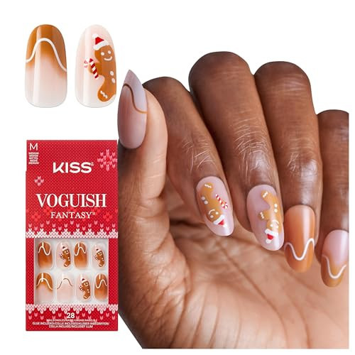KISS Voguish Fantasy Holiday Press On Nails, ‘Holly Nights’, Brown, Medium Oval, No Damage To Natural Nails, Pink Gel Nail Glue (2g), Mini Nail File, Manicure Stick, & 28 Fake Nails | Amazon (US)