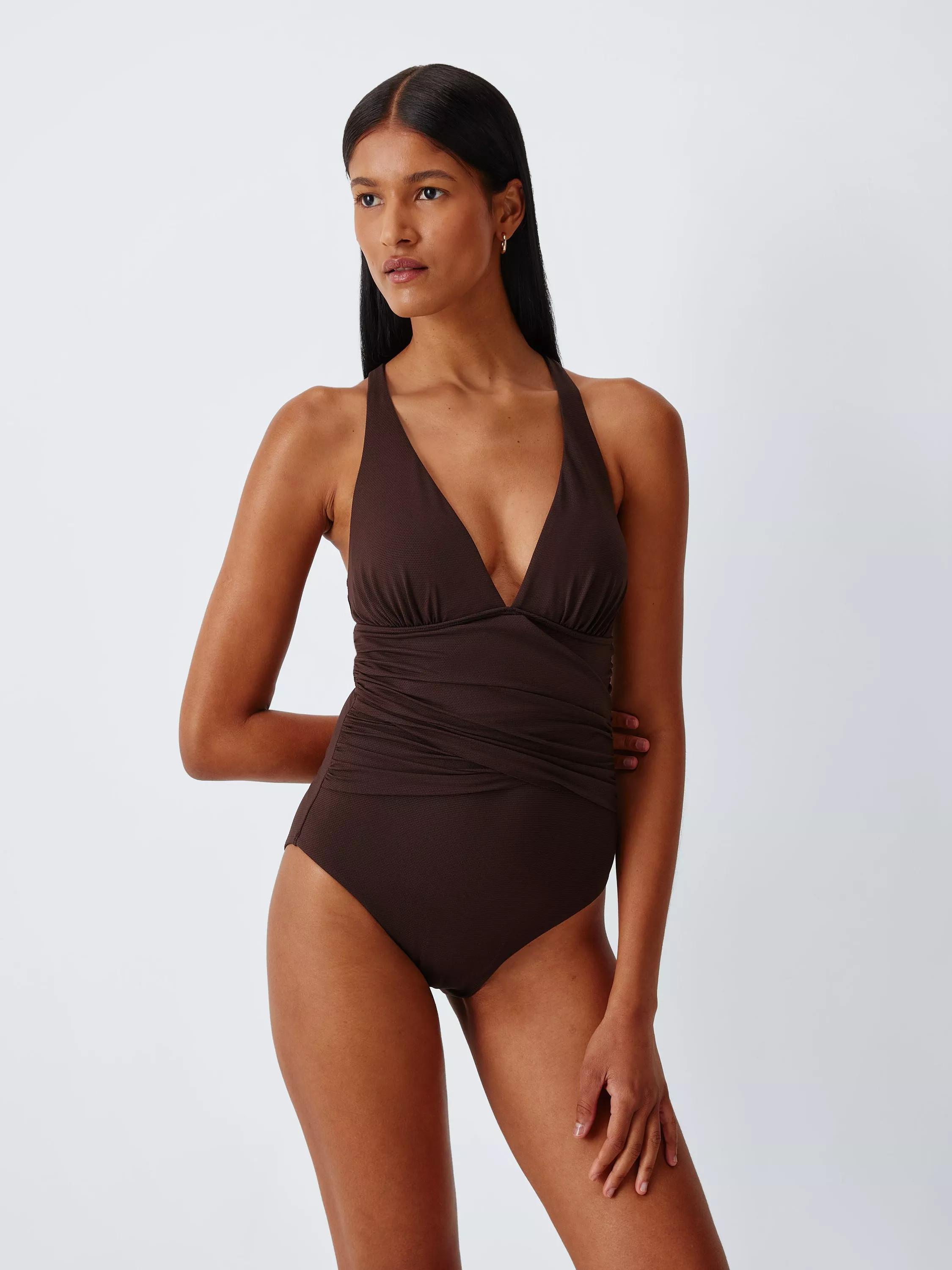 John Lewis Paris High Apex Wrap Front Swimsuit, Chocolate | John Lewis (UK)
