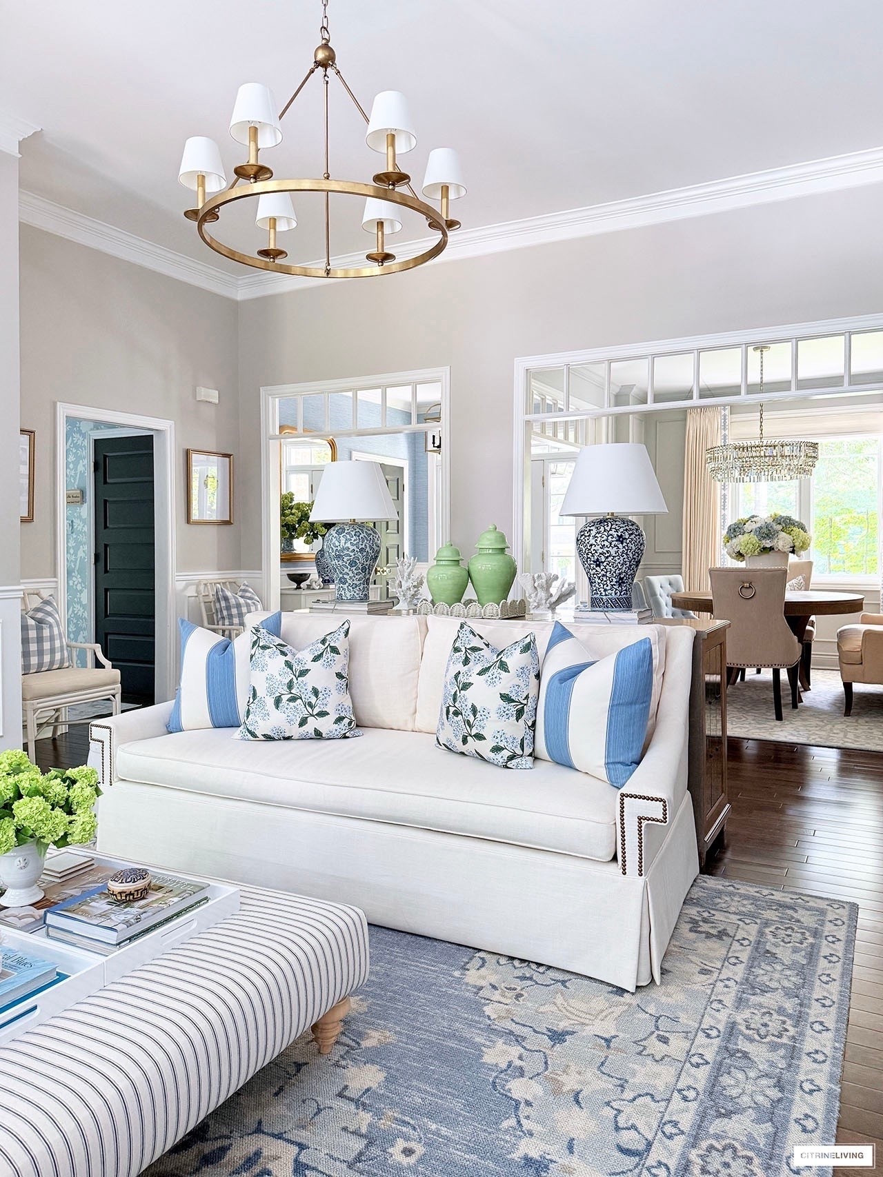 Chic summer living room decor! Add gorgeous, pops of green and blue for a stunning look!
Floral and striped pillows, green hydrangeas, green ginger jars and blue and white accents💙💚

#LTKHome #LTKSeasonal