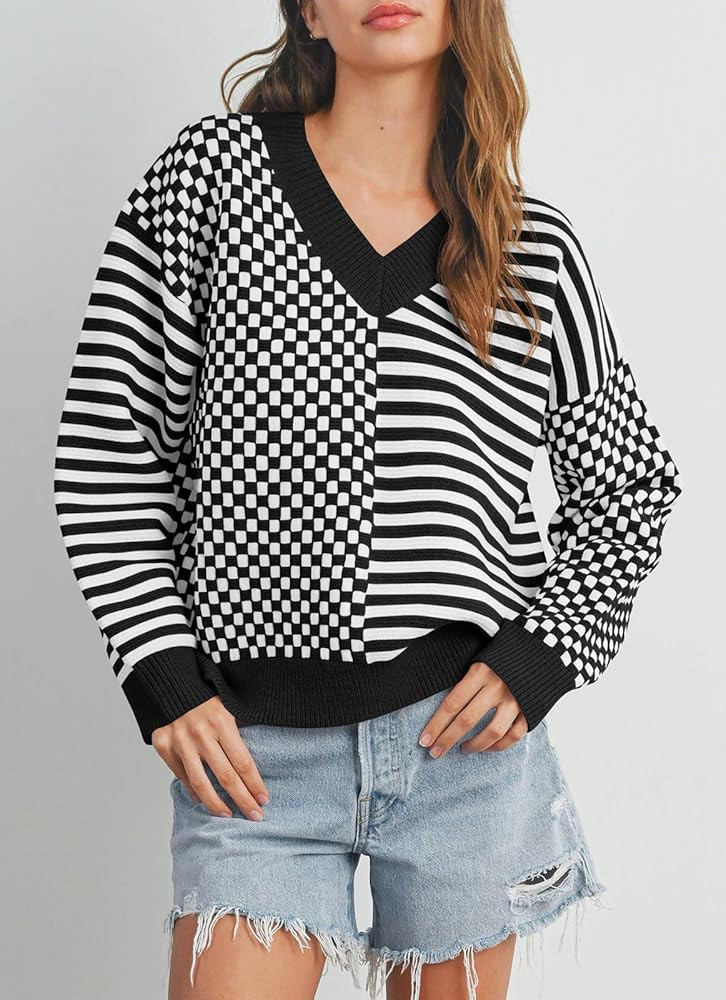 Saodimallsu Womens Checkered Striped Sweater V Neck Long Sleeve 2024 Fall Trendy Loose Knit Cozy ... | Amazon (US)