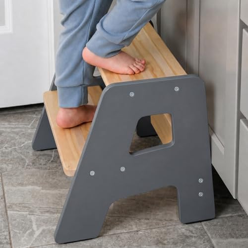 2-Step Wooden Toddler Step Stool for Bathroom Sink & Kitchen Use - Gray | Non-slip steps and padd... | Amazon (US)