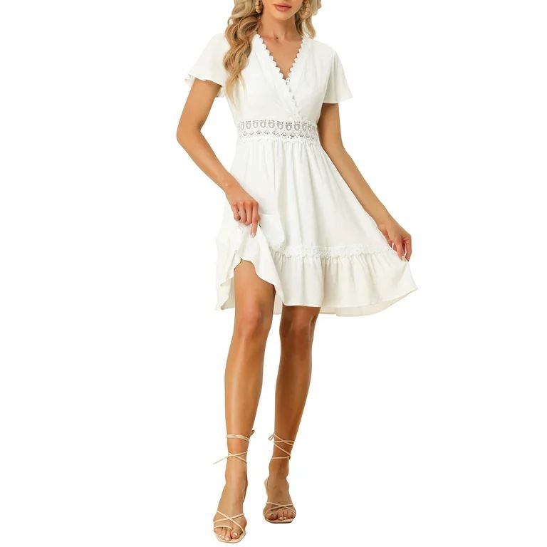 Allegra K Women's Summer V-Neck Short Sleeves Crochet Trim A-Line Ruffle Hem Dress | Walmart (US)