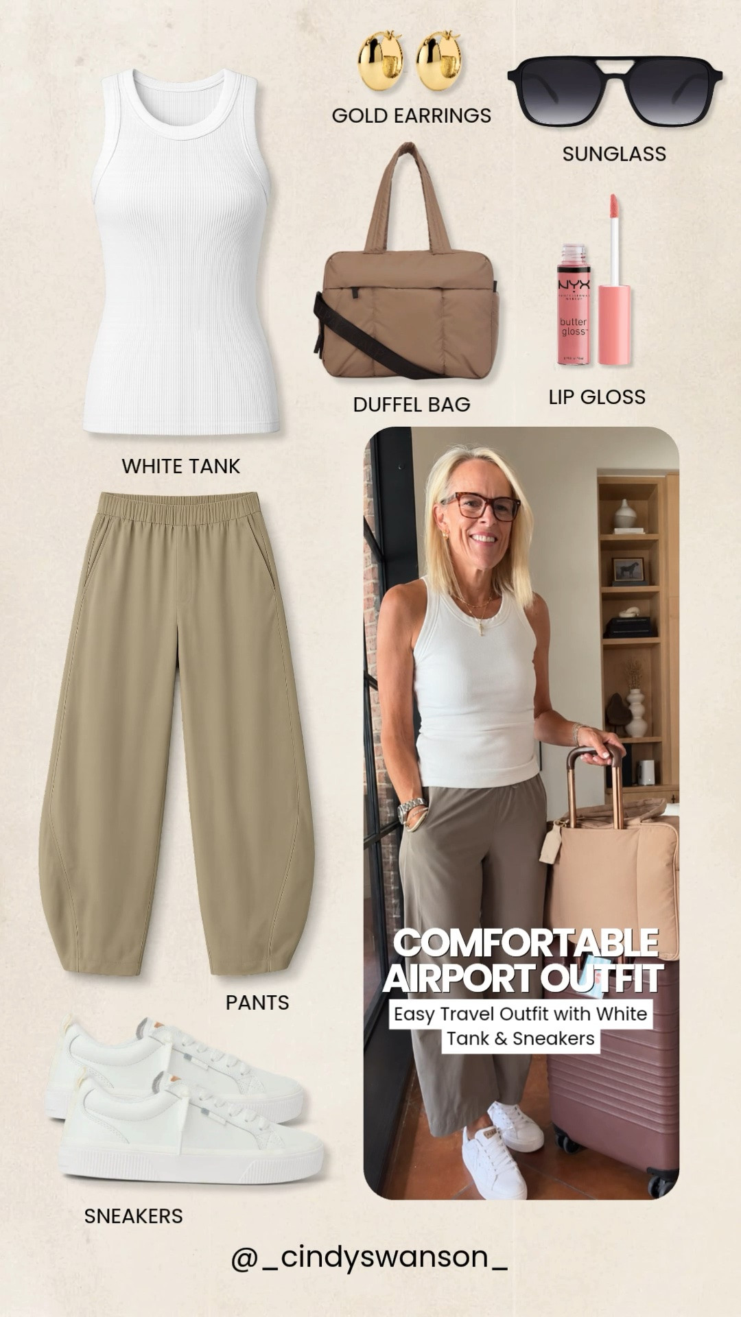 If comfort is your priority when you travel, this outfit is for you! The white ribbed tank, lightweight pull-on pants, comfy sneakers, and roomy duffel bag make the perfect airport outfit that’s easy to wear from takeoff to landing.

💡 LTK MADE EASY
❤️ Heart = Support my posts!
🔖 Save = Get sale & restock alerts
📋 Lists = Keep favorites organized
📲 Share = Send lists and products to a friend. Hello, Christmas List!
💬 Comment = Ask me anything about sizing or styling. :-)

#LTKootd #LTKTravel #LTKOver40