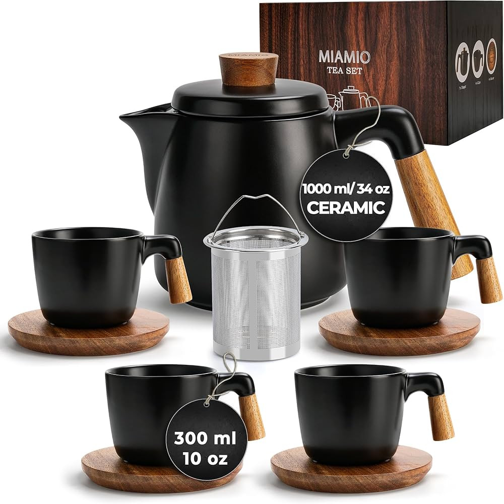 MIAMIO – 34 Oz Ceramic Tea Pot Set with Infuser and Cups/Tea Strainer, 4 Ceramic Tea Mugs (10 O... | Amazon (US)