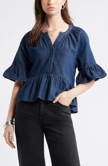 Treasure & Bond Cotton Chambray Peplum Top in Dark Mid Wash at Nordstrom Rack, Size Large | Nordstrom Rack