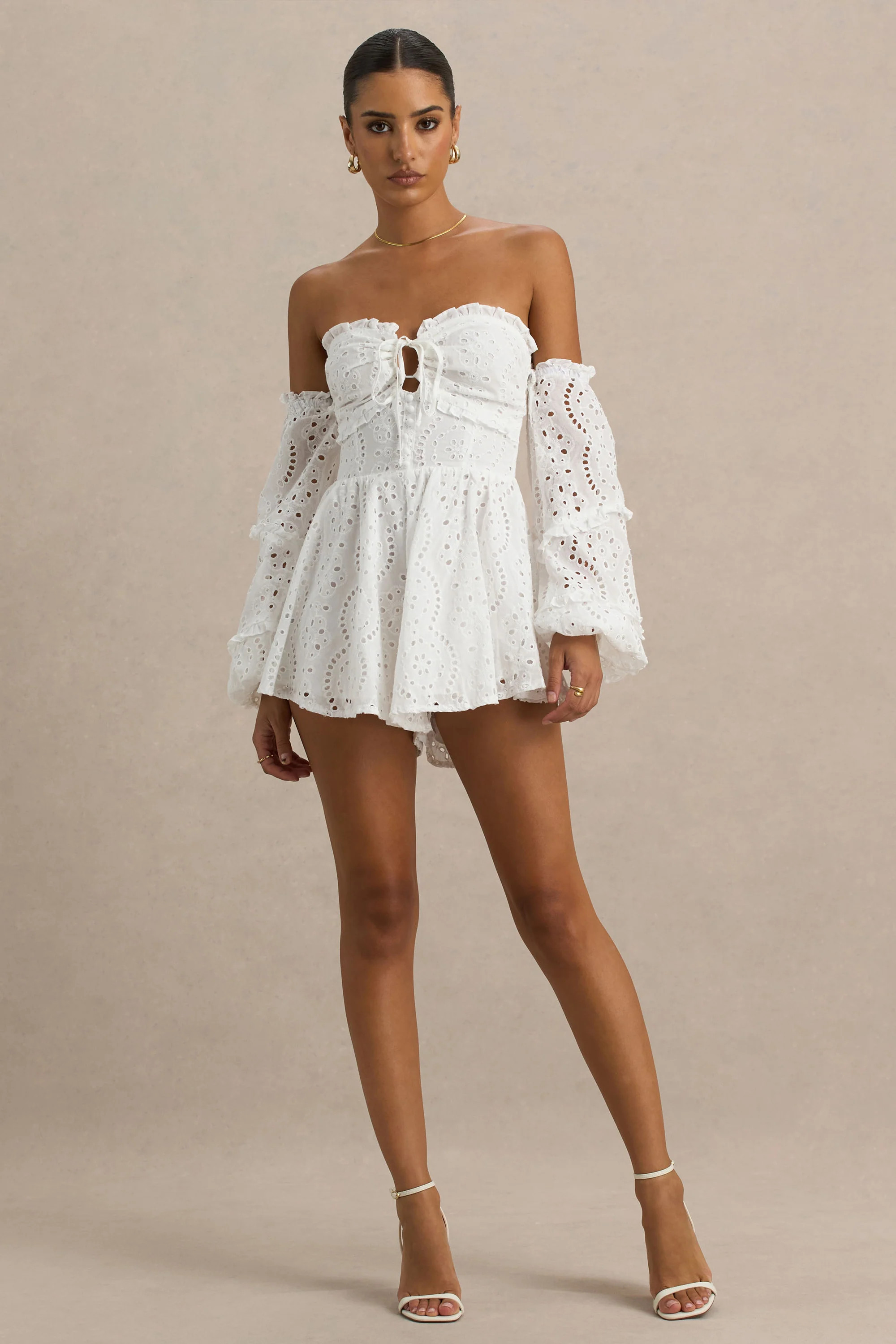Mariella  White Broderie Bardot Ruffled Playsuit | Club L London