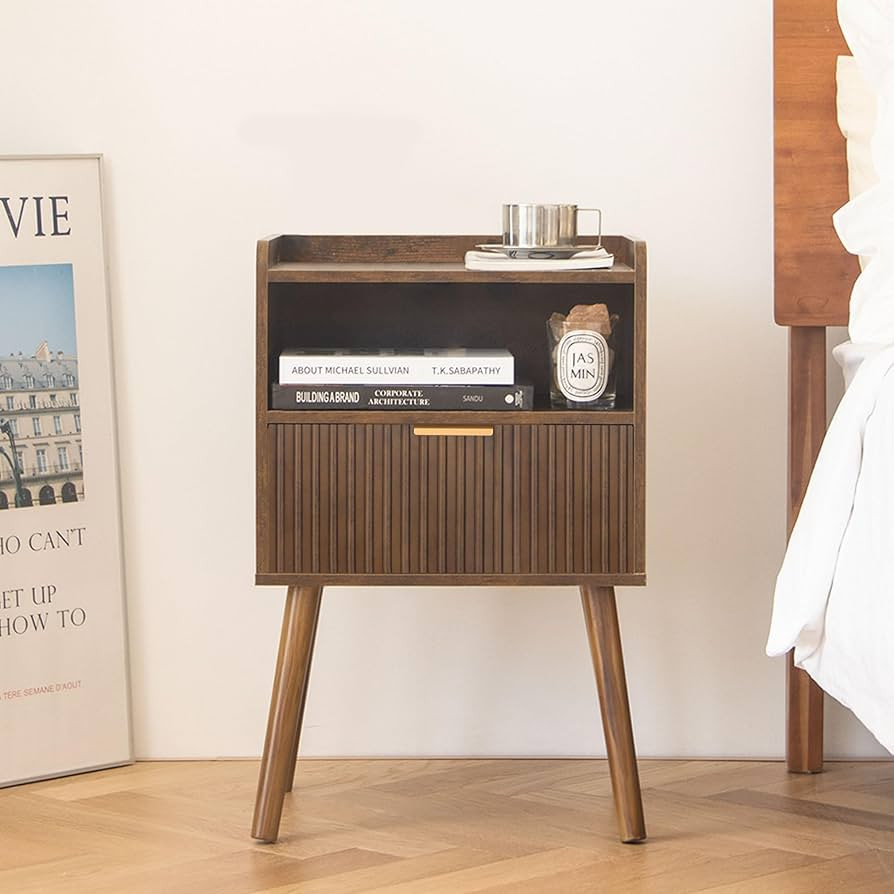 AWASEN Mid Century Modern Nightstand, Wood Bedside Table with Fluted Drawers, Rustic Night Stand ... | Amazon (US)