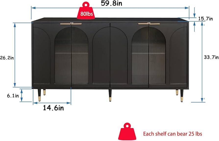 60" Accent Cabinet Storage Credenza w/4 Glass Doors & Adjustable Shelves,Buffet Server Console Ta... | Amazon (US)