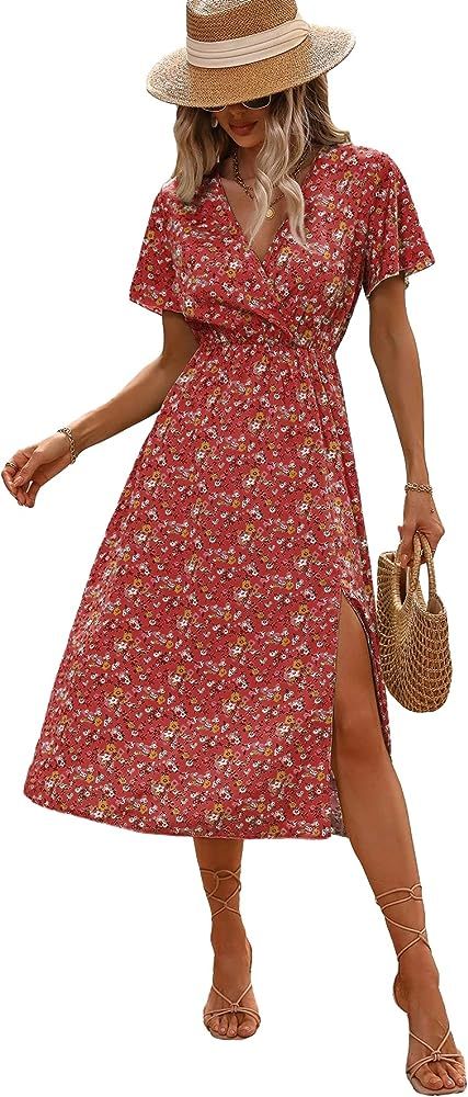 Milumia Women's Boho Allover Print Wrap V Neck Smocked Split Short Sleeve Long Dress | Amazon (US)