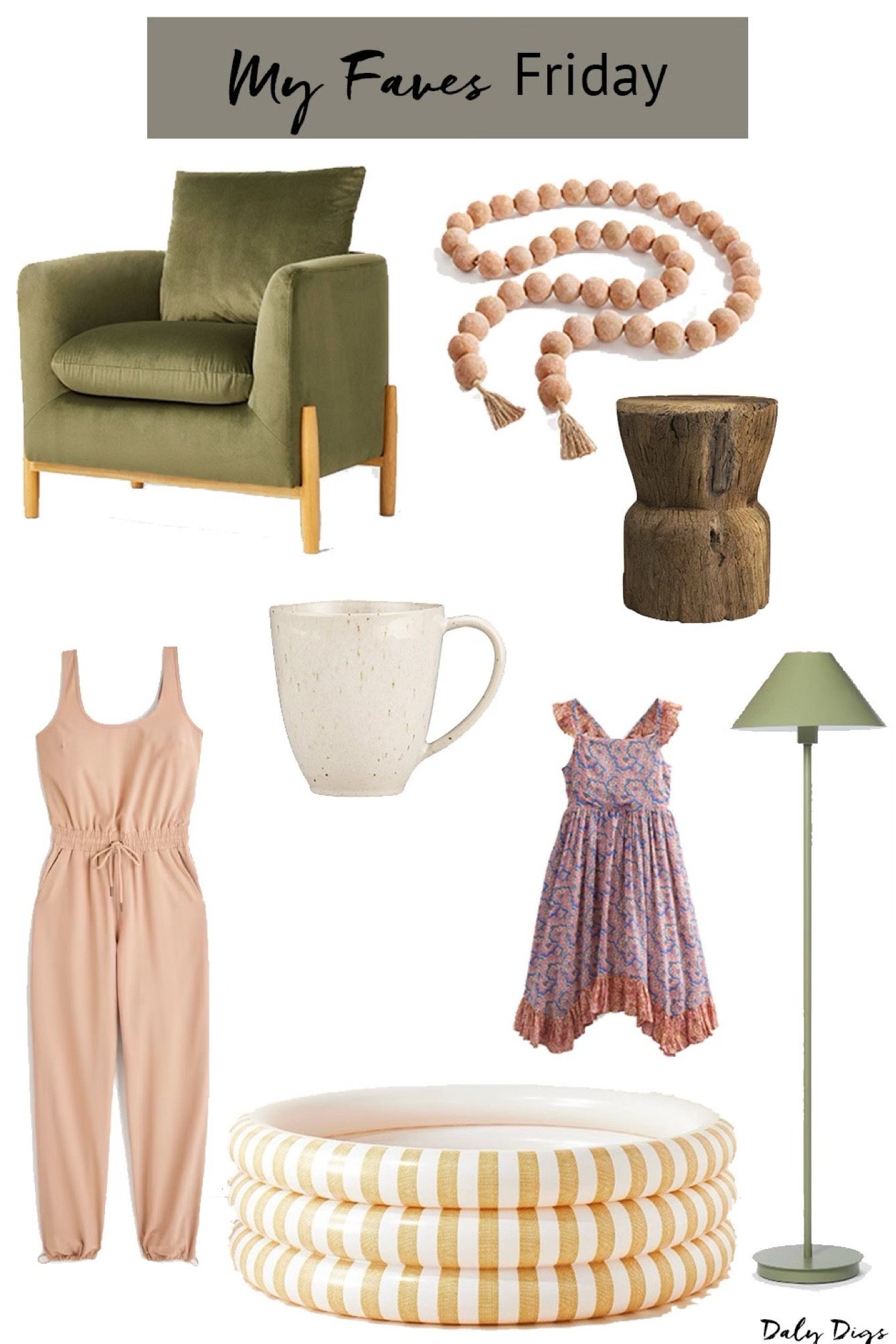 My favorites this week! A cuter velvet green chair from the new threshold studio McGee collection, Abercrombie jumpsuit on sale, a green LED floor lamp, organic coffee mug, gorgeous terra cotta beads, an inflatable pool for summer, a wooden stool and a floral toddler dress on sale. 