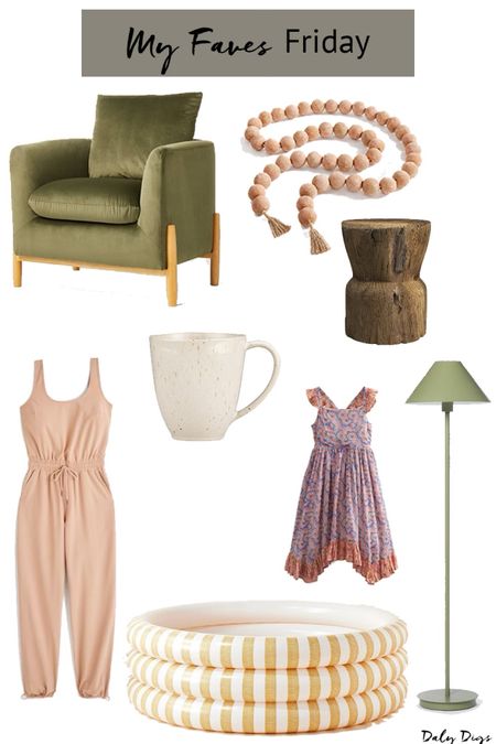 My favorites this week! A cuter velvet green chair from the new threshold studio McGee collection, Abercrombie jumpsuit on sale, a green LED floor lamp, organic coffee mug, gorgeous terra cotta beads, an inflatable pool for summer, a wooden stool and a floral toddler dress on sale. 
