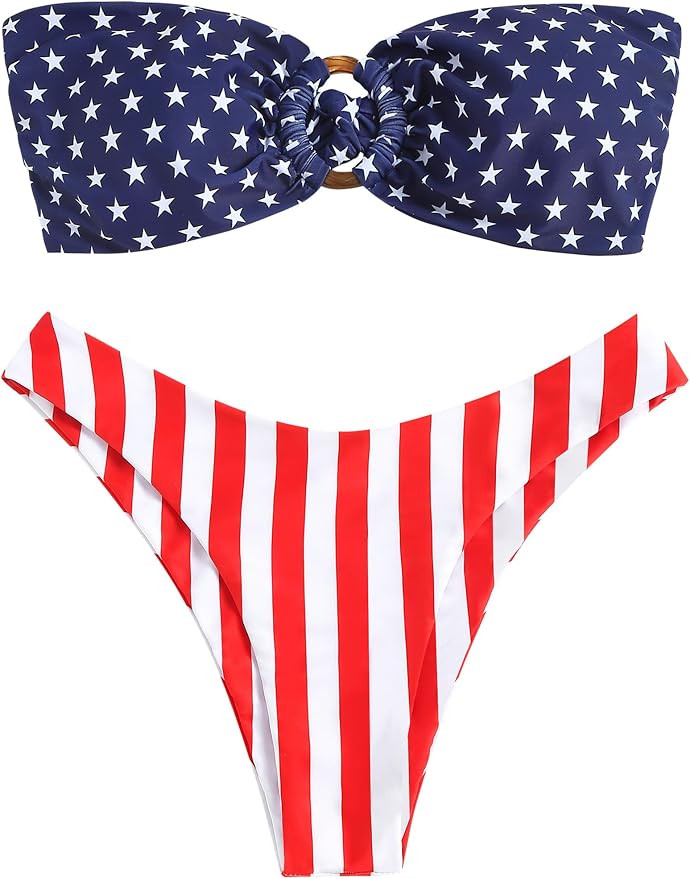 ZAFUL Women's Bandeau Bikini O Ring Strapless Tie Back High Cut Two Piece Swimsuit Bathing Suits | Amazon (US)