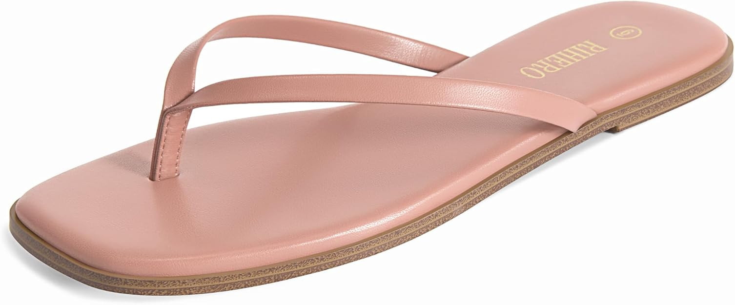 Rihero Flip Flops for Women Comfortable Square Toe Beach Sandals Slip On Leather Thong Flat Sanda... | Amazon (US)